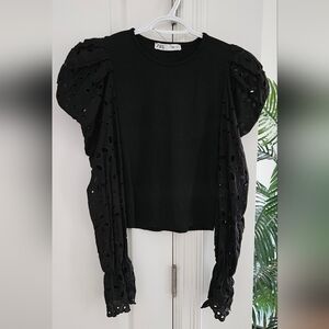 Zara Black Eyelet Puff Sleeve Top